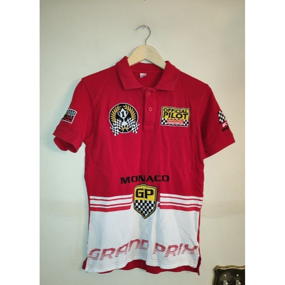 Men's Monaco G Grand Prix Red Embroidered Racing Logo Polo T-Shirt Size Small